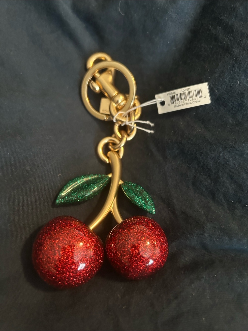 Gold Cherry Keychain keychain with Red Glitter Cherries and Green Leaves